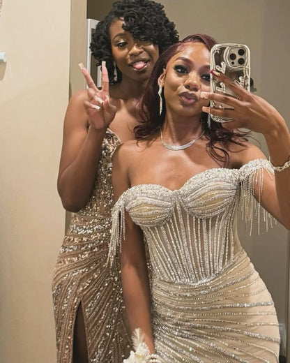 Vestido de noche de sirena brillante con hombros descubiertos, lentejuelas color champán, abertura larga, vestido de noche, vestido formal especial, vestido de fiesta DH2321