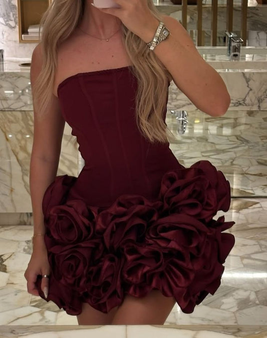 Hermosos vestidos de fiesta cortos, sin tirantes, color burdeos, para el 21.º cumpleaños, graduación, minivestidos de cóctel DH2353