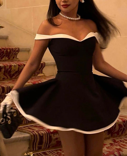 Hermosos vestidos negros formales de fiesta, corte A, hombros descubiertos, para el 21.º cumpleaños, graduación, minivestidos de cóctel DH2355