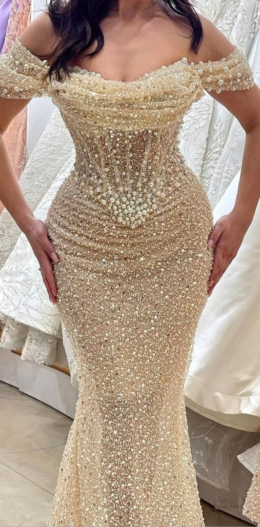 Vestido de noche largo con lentejuelas doradas y hombros descubiertos, estilo sirena brillante, para fiesta, noche, formal, especial, DH2357