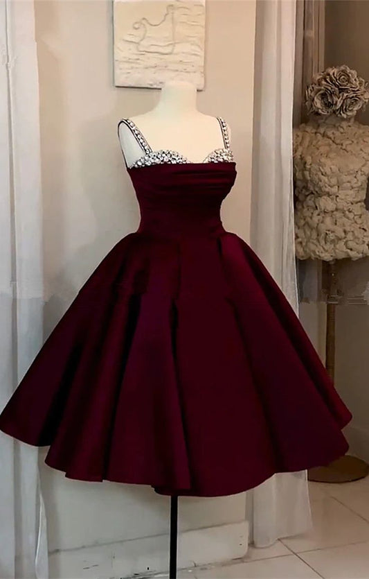 Bonito vestido de fiesta con tirantes finos, color rojo vino, corto, formal, para octavo grado, vestido de verano para escuela secundaria, traje de fiesta DH236