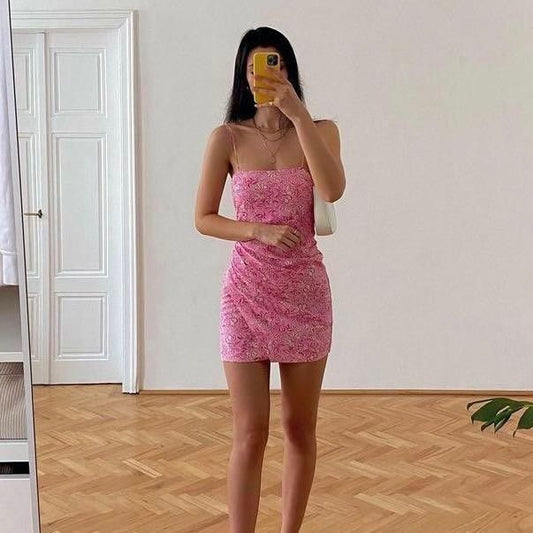 Vestidos cortos de fiesta con tirantes finos y encaje rosa para graduación, de cóctel y graduación, DH2362