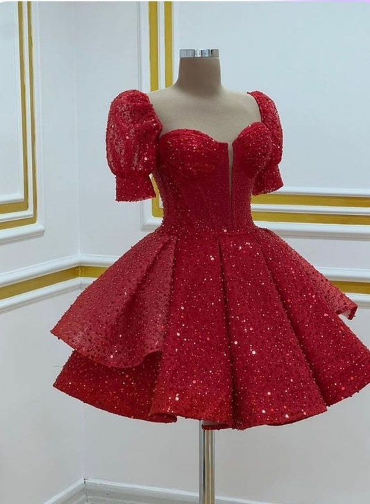 Lindo vestido de fiesta rojo con lentejuelas, minivestido corto formal para octavo grado, vestido de verano para escuela secundaria, atuendos para el regreso a casa DH237