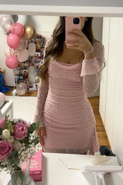 Hermosos vestidos de fiesta formales con escote cuadrado y lentejuelas rosas, para el 21.º cumpleaños, de graduación, de cóctel, cortos, DH2373