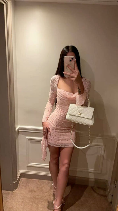 Hermosos vestidos de fiesta formales con escote cuadrado y lentejuelas rosas, para el 21.º cumpleaños, de graduación, de cóctel, cortos, DH2373