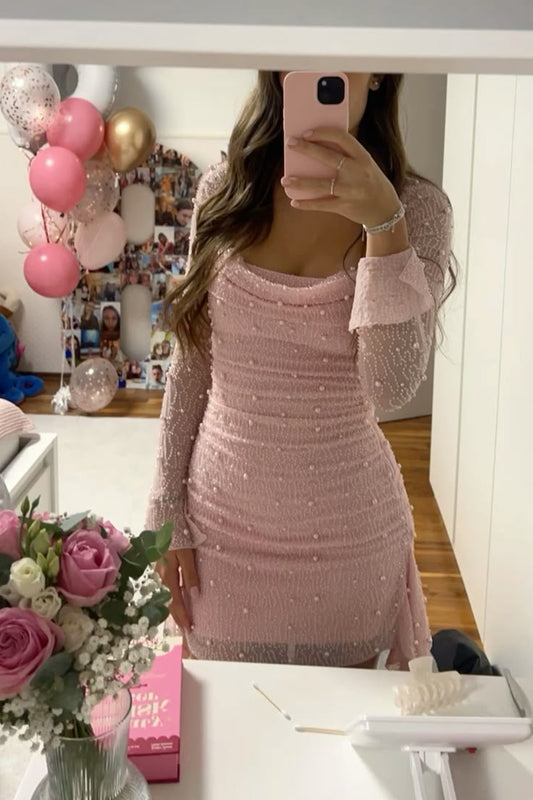 Hermosos vestidos de fiesta formales con escote cuadrado y lentejuelas rosas, para el 21.º cumpleaños, de graduación, de cóctel, cortos, DH2373