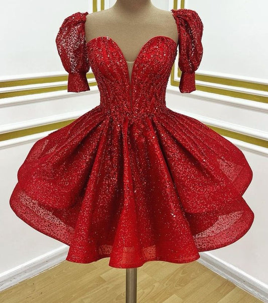 Lindo vestido de fiesta rojo con lentejuelas, minivestido corto formal para octavo grado, vestido de verano para escuela secundaria, atuendos para el regreso a casa DH238