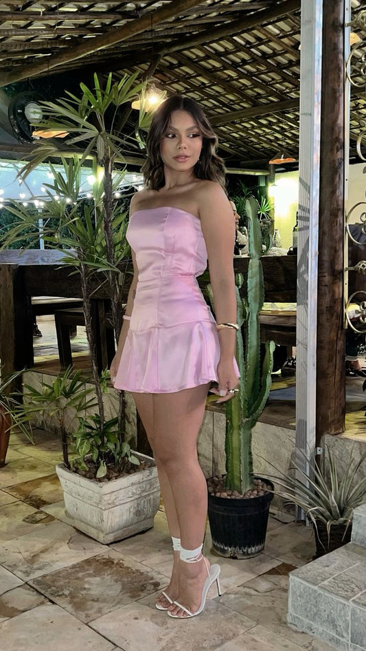 Hermoso vestido de fiesta sin tirantes, de satén rosa claro, para la fiesta de bienvenida, corto, para el 21.º cumpleaños, vestido de graduación, minivestido de cóctel DH2389