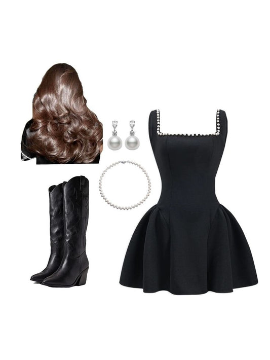 Hermoso vestido de fiesta con escote cuadrado, de satén negro, para fiesta de bienvenida, para cumpleaños número 21, vestido de graduación, minivestido corto de cóctel DH2392