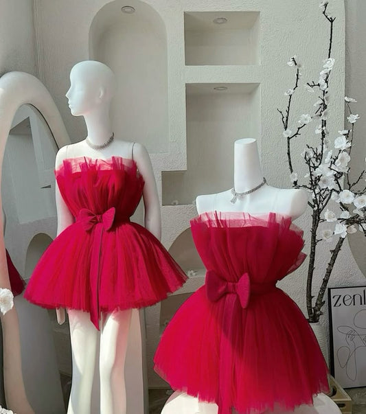 Vestido de fiesta moderno sin tirantes de tul rojo, minivestido corto formal para octavo grado, vestido de verano para escuela secundaria, trajes de fiesta DH240