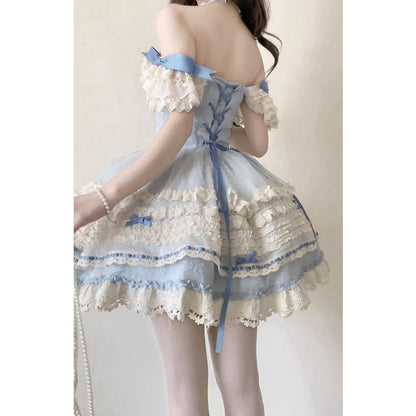 Vestido de fiesta vintage con escote cuadrado y encaje azul para verano, vestido de lolita para 16 cumpleaños, minivestido de lolita para 18 cumpleaños, traje corto de lolita DH2408
