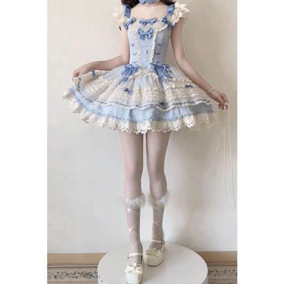 Vestido de fiesta vintage con escote cuadrado y encaje azul para verano, vestido de lolita para 16 cumpleaños, minivestido de lolita para 18 cumpleaños, traje corto de lolita DH2408