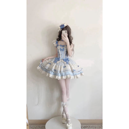 Vestido de fiesta vintage con escote cuadrado y encaje azul para verano, vestido de lolita para 16 cumpleaños, minivestido de lolita para 18 cumpleaños, traje corto de lolita DH2408