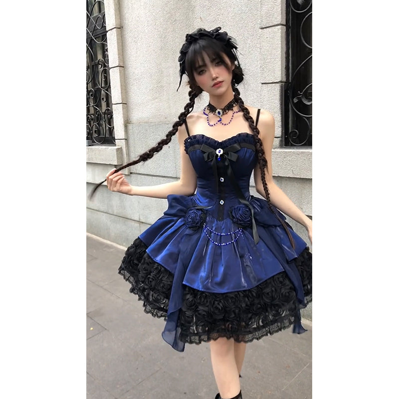 Vestido de fiesta vintage con tirantes finos y encaje azul rey para verano, vestido de lolita para 16 cumpleaños, minivestido de lolita para 18 cumpleaños, traje corto de lolita DH2412