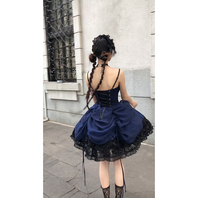 Vestido de fiesta vintage con tirantes finos y encaje azul rey para verano, vestido de lolita para 16 cumpleaños, minivestido de lolita para 18 cumpleaños, traje corto de lolita DH2412