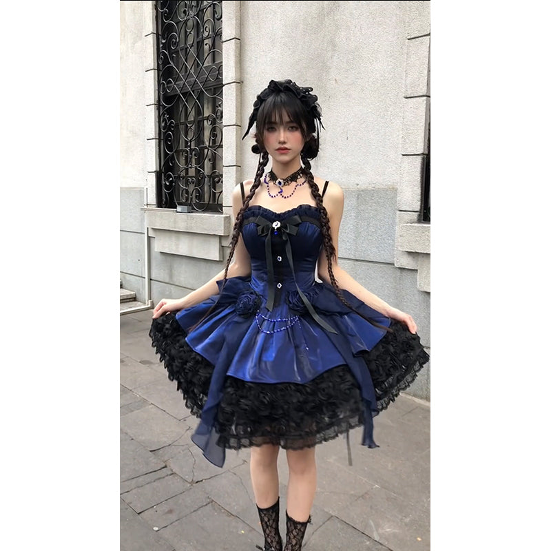 Vestido de fiesta vintage con tirantes finos y encaje azul rey para verano, vestido de lolita para 16 cumpleaños, minivestido de lolita para 18 cumpleaños, traje corto de lolita DH2412