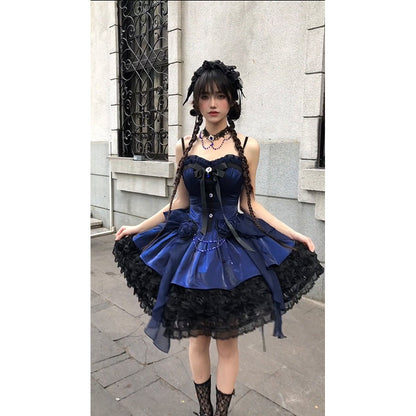Vestido de fiesta vintage con tirantes finos y encaje azul rey para verano, vestido de lolita para 16 cumpleaños, minivestido de lolita para 18 cumpleaños, traje corto de lolita DH2412