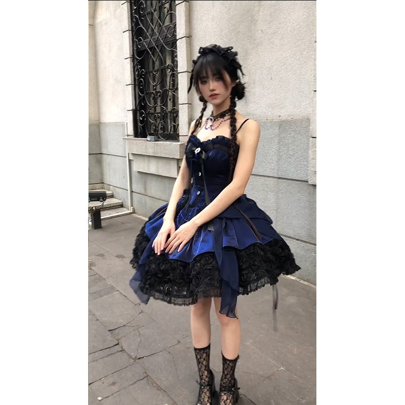 Vestido de fiesta vintage con tirantes finos y encaje azul rey para verano, vestido de lolita para 16 cumpleaños, minivestido de lolita para 18 cumpleaños, traje corto de lolita DH2412