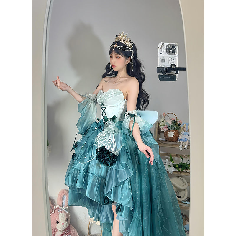 Vestido vintage de fiesta con tirantes finos de gasa verde para 18 cumpleaños, vestido de verano de lolita rosa con degradado, estilo DH2424.