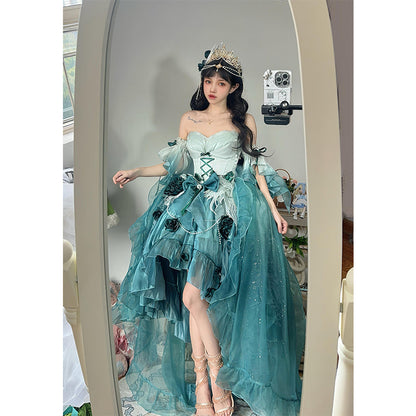 Vestido vintage de fiesta con tirantes finos de gasa verde para 18 cumpleaños, vestido de verano de lolita rosa con degradado, estilo DH2424.