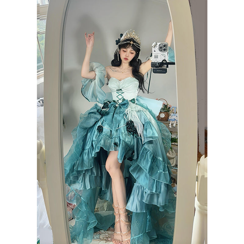 Vestido vintage de fiesta con tirantes finos de gasa verde para 18 cumpleaños, vestido de verano de lolita rosa con degradado, estilo DH2424.