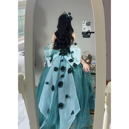 Vestido vintage de fiesta con tirantes finos de gasa verde para 18 cumpleaños, vestido de verano de lolita rosa con degradado, estilo DH2424.