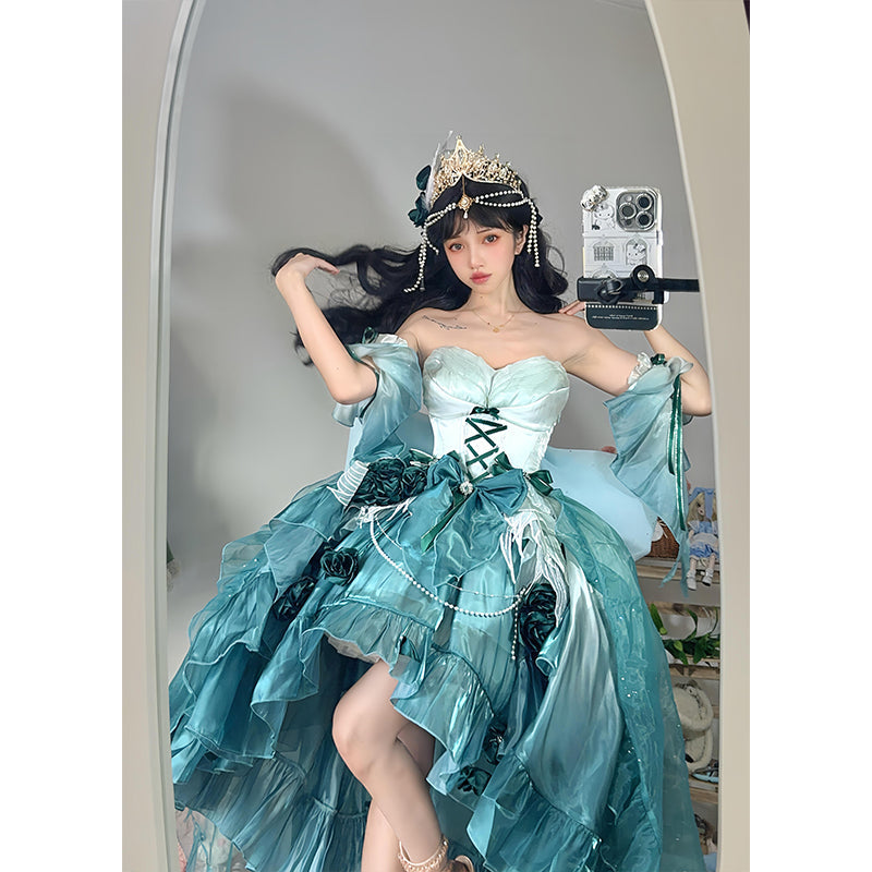 Vestido vintage de fiesta con tirantes finos de gasa verde para 18 cumpleaños, vestido de verano de lolita rosa con degradado, estilo DH2424.