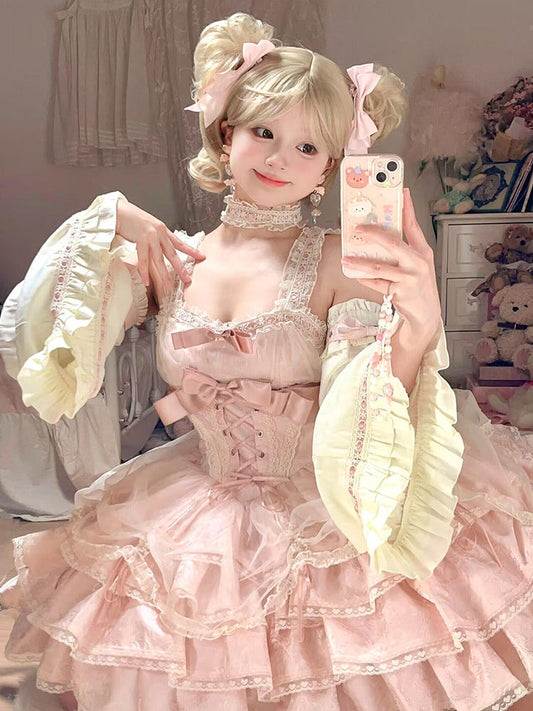 Vestido de fiesta vintage con escote cuadrado y encaje rosa para verano, vestido de lolita para 18 cumpleaños, minivestido de lolita para 18 cumpleaños, traje corto de lolita DH2434