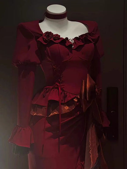 Vintage Mermaid Square Neck Burgundy Satin Long Summer 18th Birthday Dress Lolita Dress 18th Birthday Outfits Lolita Outfit DH2440