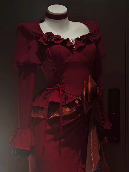 Vestido largo de verano estilo sirena con escote cuadrado y satén burdeos para 18 cumpleaños. Vestido lolita. Trajes de 18 cumpleaños. Traje lolita DH2440.