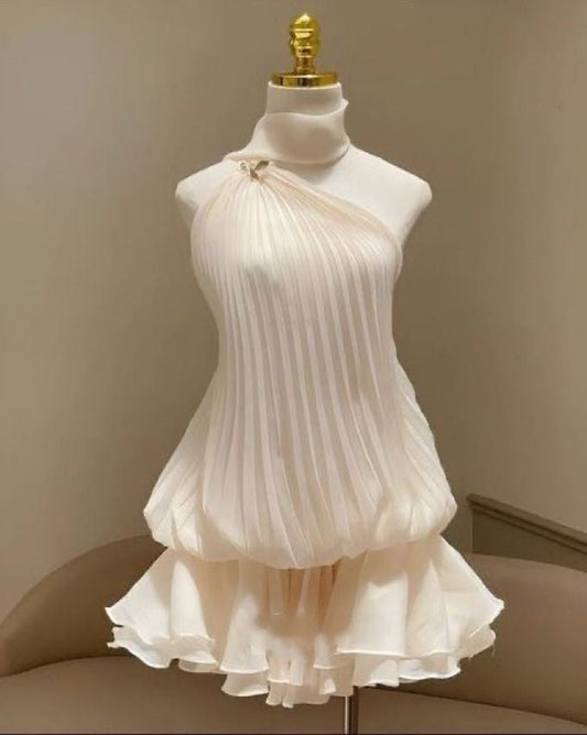 Hermosos vestidos formales de fiesta de gasa blanca, de corte A y un solo hombro, para el 21.º cumpleaños, vestidos de graduación, mini vestidos de cóctel DH2451