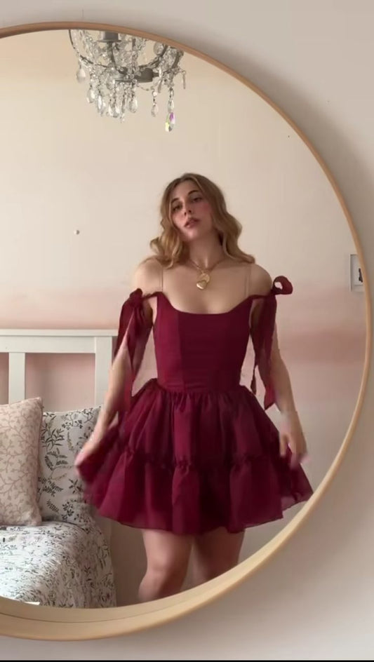 Hermoso vestido de fiesta con escote cuadrado, de gasa color burdeos, para el regreso a casa, para el 21.º cumpleaños, vestido de graduación, minivestido corto de cóctel DH2452