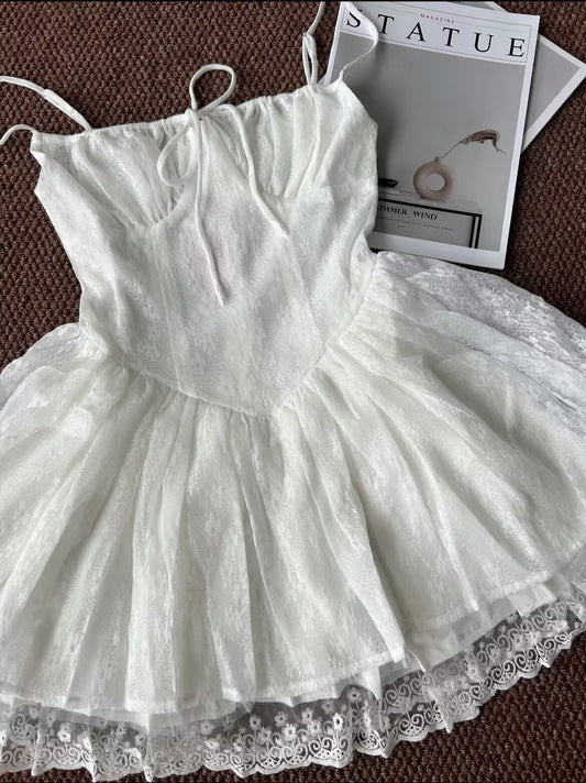 Vestidos cortos de fiesta de bienvenida con encaje blanco, tirantes finos y corte A, para 16 cumpleaños, graduación, cóctel, DH2454