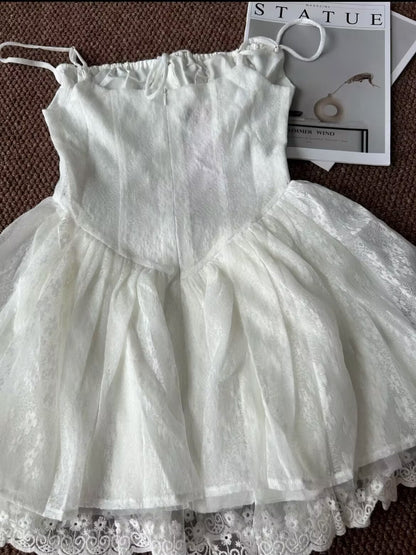 Vestidos cortos de fiesta de bienvenida con encaje blanco, tirantes finos y corte A, para 16 cumpleaños, graduación, cóctel, DH2454