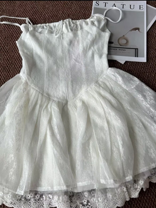 Vestidos cortos de fiesta de bienvenida con encaje blanco, tirantes finos y corte A, para 16 cumpleaños, graduación, cóctel, DH2454