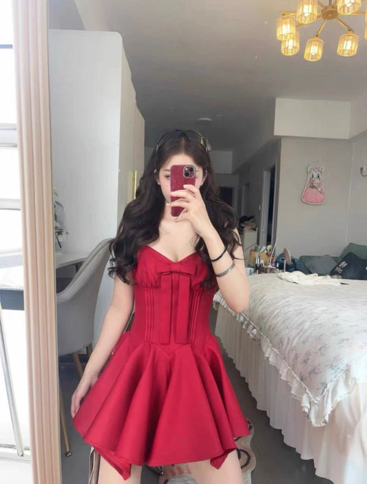 Hermosos vestidos de fiesta de satén rojo, corte A, para el regreso a casa, cortos, para el 21.º cumpleaños, de graduación, minivestidos de cóctel DH2455