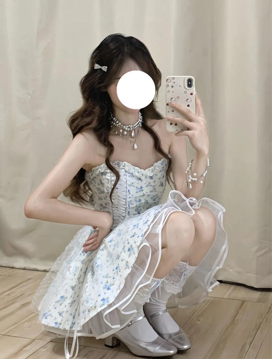 Vestido azul corto de fiesta, corte A, escote corazón, floral, para graduación, cóctel, para estudiantes de secundaria, DH2461