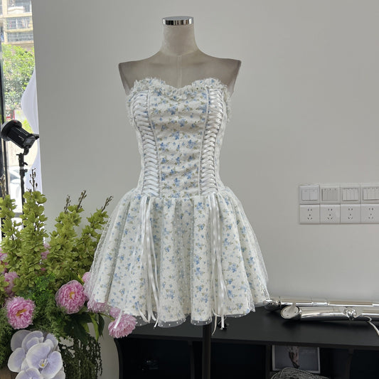 Vestido azul corto de fiesta, corte A, escote corazón, floral, para graduación, cóctel, para estudiantes de secundaria, DH2461