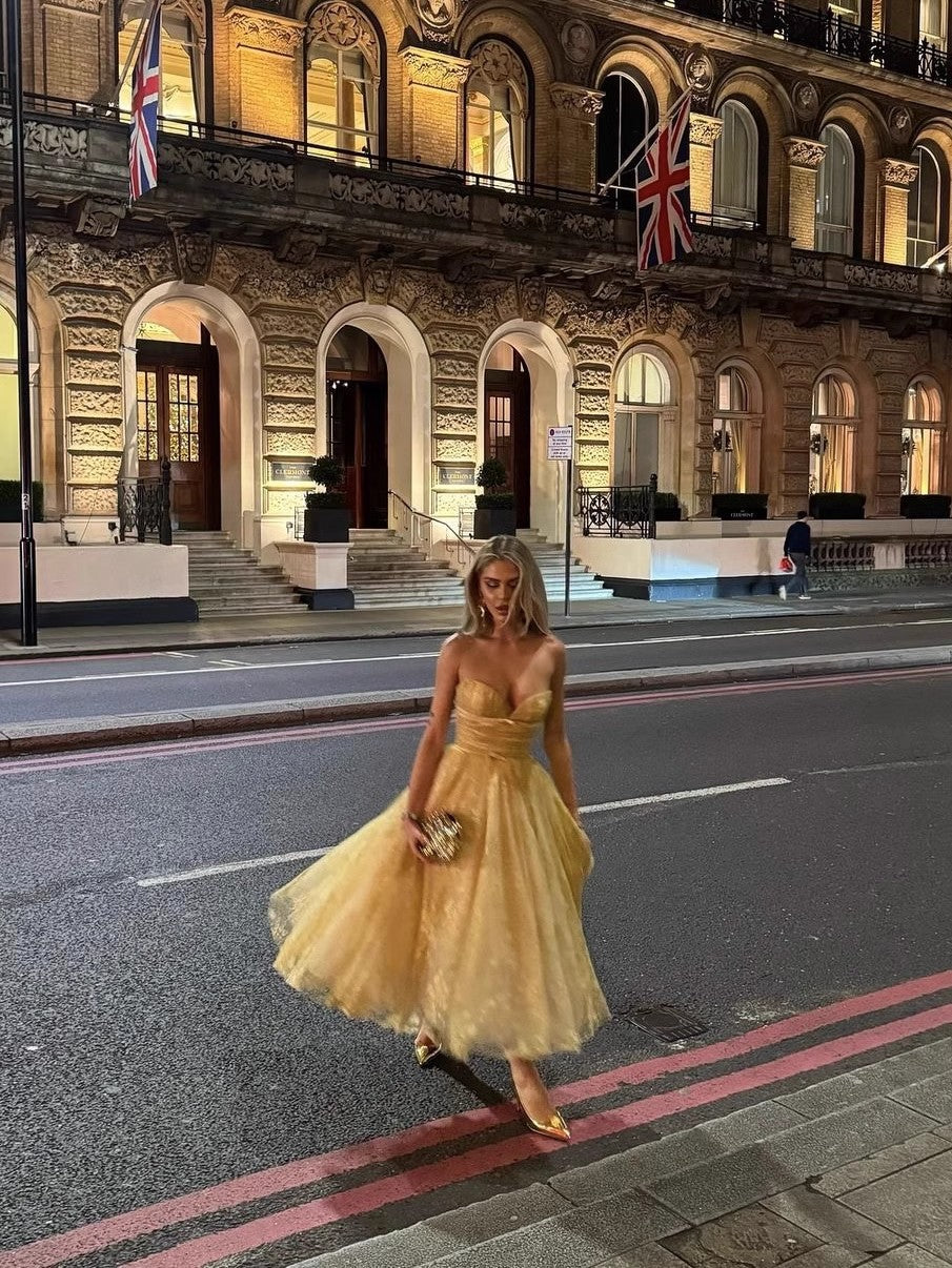Hermosos vestidos amarillos de fiesta formales de encaje con escote en forma de corazón, para el 21.º cumpleaños, graduación, cóctel, DH2463