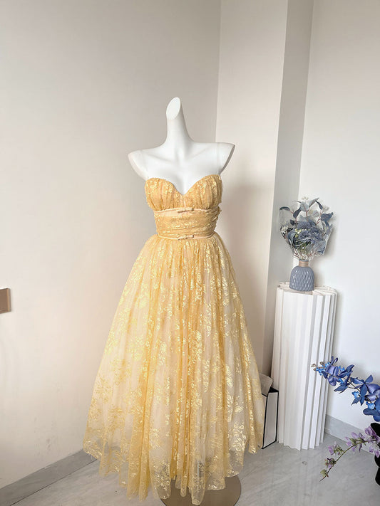 Hermosos vestidos amarillos de fiesta formales de encaje con escote en forma de corazón, para el 21.º cumpleaños, graduación, cóctel, DH2463