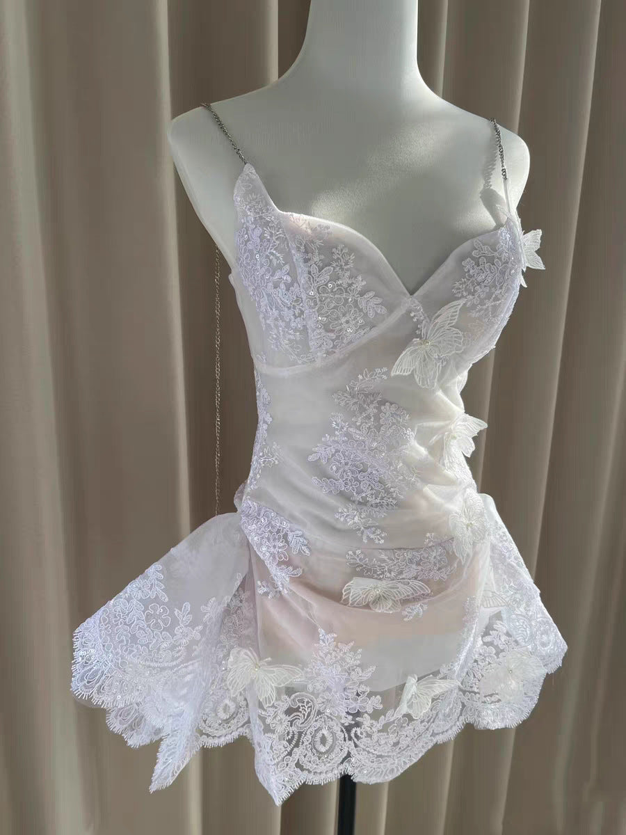 Hermosos vestidos de fiesta formales de encaje blanco con tirantes finos y corte A, vestidos cortos para 16 cumpleaños, vestidos de graduación, mini vestidos de cóctel DH2464