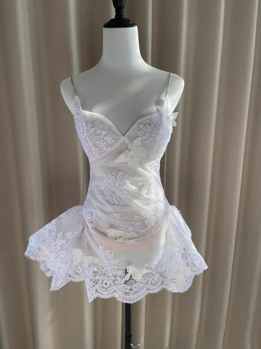 Hermosos vestidos de fiesta formales de encaje blanco con tirantes finos y corte A, vestidos cortos para 16 cumpleaños, vestidos de graduación, mini vestidos de cóctel DH2464
