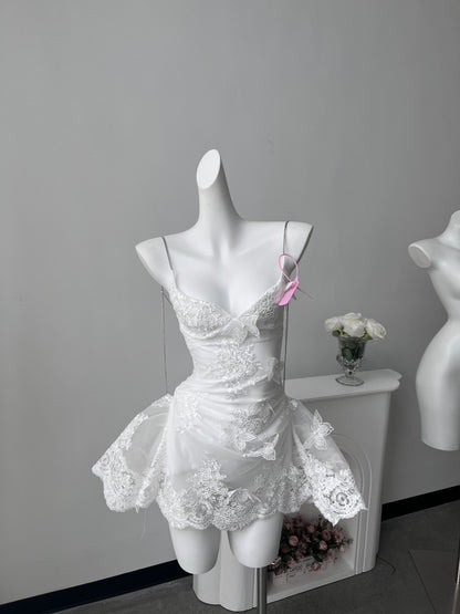 Hermosos vestidos de fiesta formales de encaje blanco con tirantes finos y corte A, vestidos cortos para 16 cumpleaños, vestidos de graduación, mini vestidos de cóctel DH2464