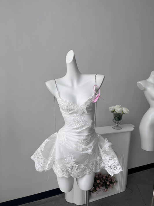 Hermosos vestidos de fiesta formales de encaje blanco con tirantes finos y corte A, vestidos cortos para 16 cumpleaños, vestidos de graduación, mini vestidos de cóctel DH2464