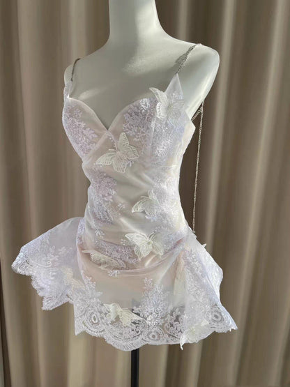 Hermosos vestidos de fiesta formales de encaje blanco con tirantes finos y corte A, vestidos cortos para 16 cumpleaños, vestidos de graduación, mini vestidos de cóctel DH2464