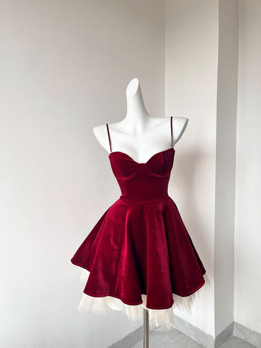 Hermosos vestidos formales de terciopelo con tirantes finos y corte en A para el regreso a casa, vestidos cortos para el 16.º cumpleaños, vestidos de graduación, mini vestidos de cóctel DH2476