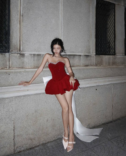 Hermoso vestido de fiesta con escote corazón de terciopelo rojo, vestidos formales para el regreso a casa, atuendos para el 21.º cumpleaños, vestido de graduación, vestidos cortos de cóctel DH2478