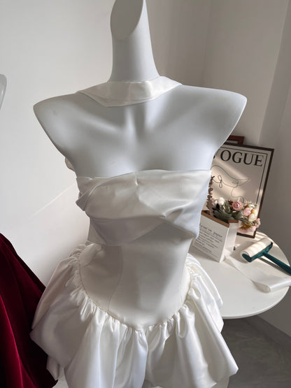 Hermosos vestidos de fiesta de satén blanco sin tirantes, corte A, para el regreso a casa, para el 21.º cumpleaños, de graduación, cortos, minivestidos de cóctel de noche DH2480
