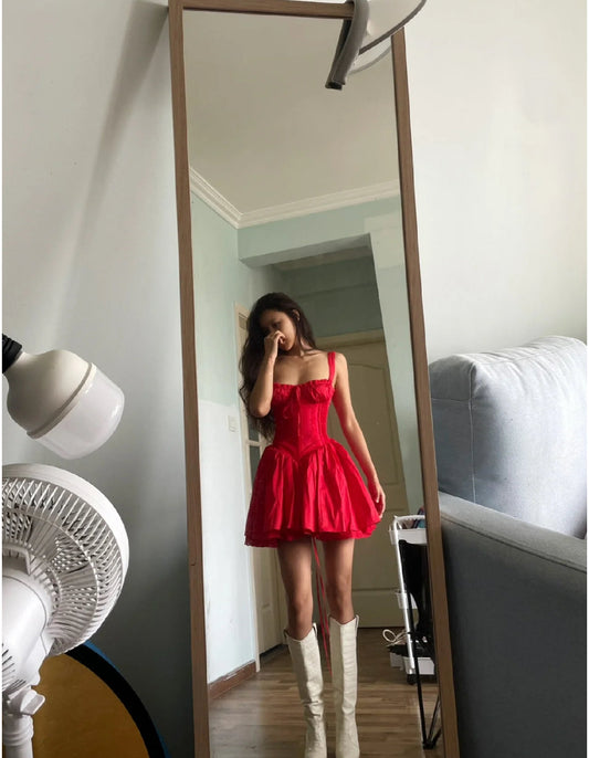 Vestido corto de encaje rojo con escote cuadrado y corte en A para fiesta de verano, minivestido de cóctel de noche DH2481