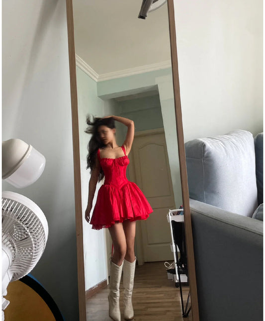Vestido corto de encaje rojo con escote cuadrado y corte en A para fiesta de verano, minivestido de cóctel de noche DH2481